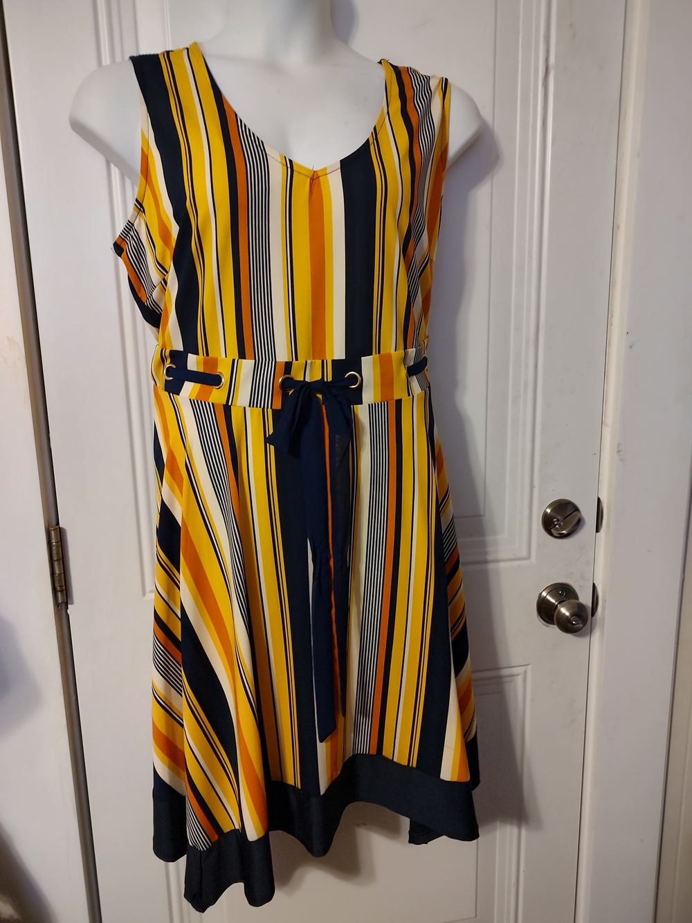 Worthington Wrapper Yellow & Navy Striped V-Neck Midi Dress